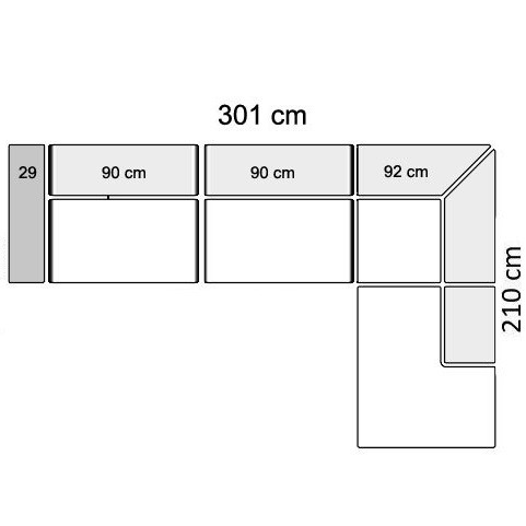 301 cm - Højrevendt med 2 sæder